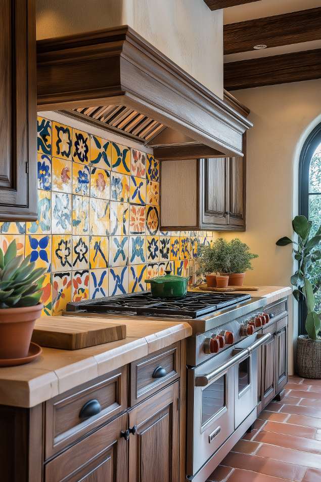 A kitchen features a stove with a colorful patterned tile backsplash, wooden cabinets and potted plants on the countertop.