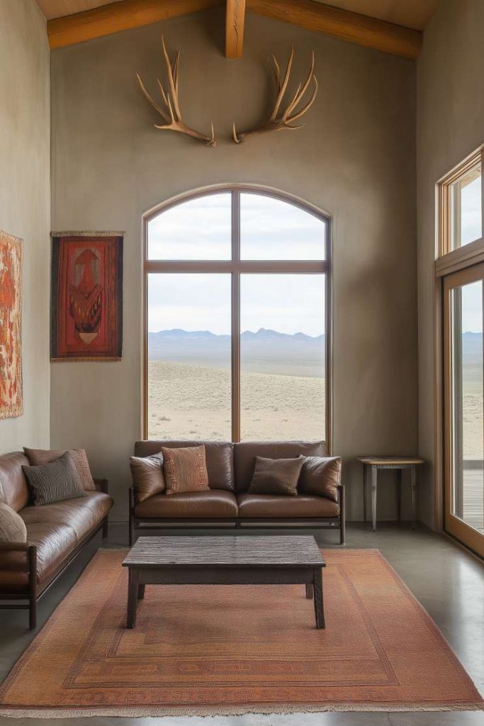 A cozy living room with two brown sofas, a wooden coffee table, a large window overlooking the desert and antlers mounted above. Earth-colored decor enhances the space.