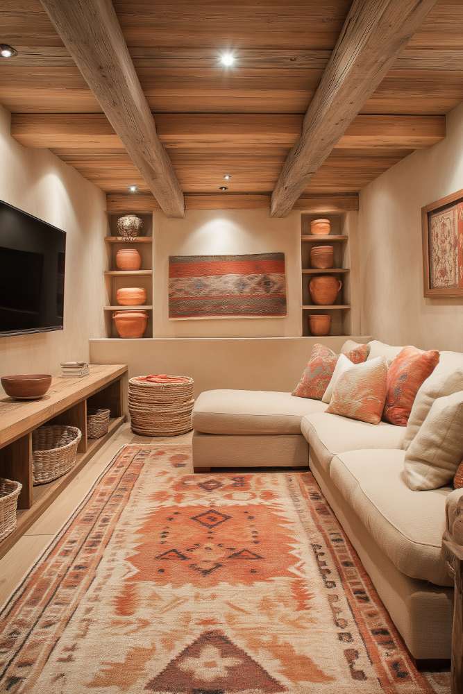 A cozy room with a beige sofa set, wooden beams and warm-toned décor. A patterned rug and wall art add color. Earthy vases sit on shelves. A large television is mounted on the wall.