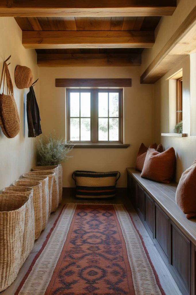 A hallway with a wooden ceiling, baskets on the left, a window at the end, a bench with cushions on the right and a patterned carpet on the floor.