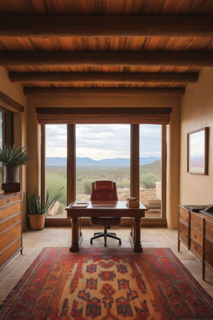 Home office with wooden desk and chair facing large windows overlooking a desert landscape. The room features an ornate carpet, a wooden ceiling and a potted cactus.