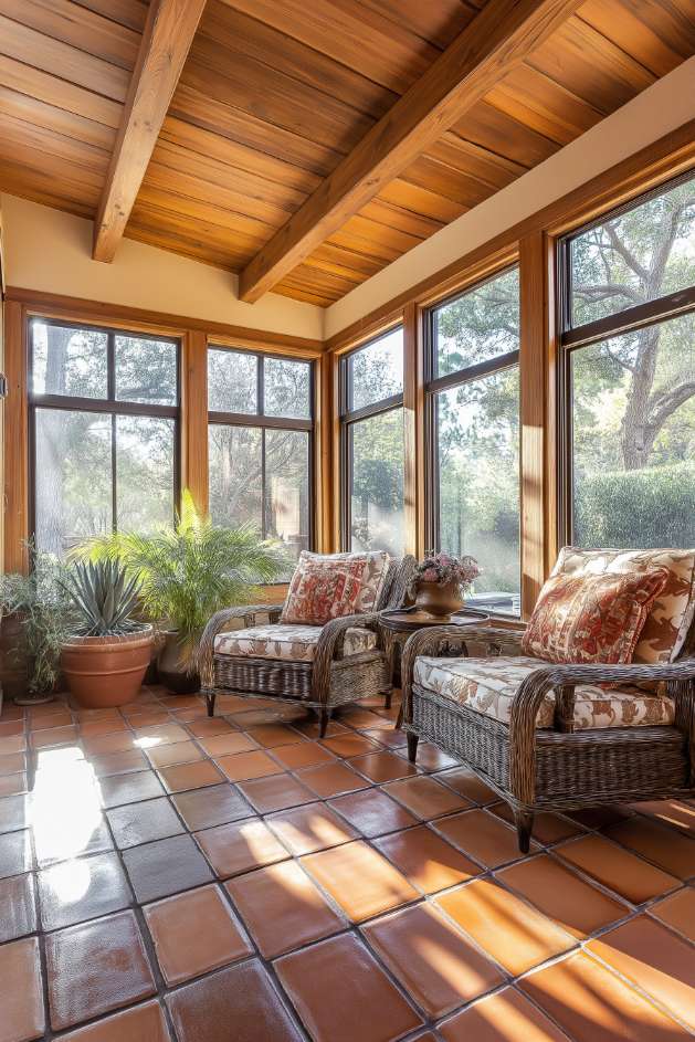 Sunlit room with large windows, two wicker chairs with patterned cushions, terracotta tile floor and potted plants.