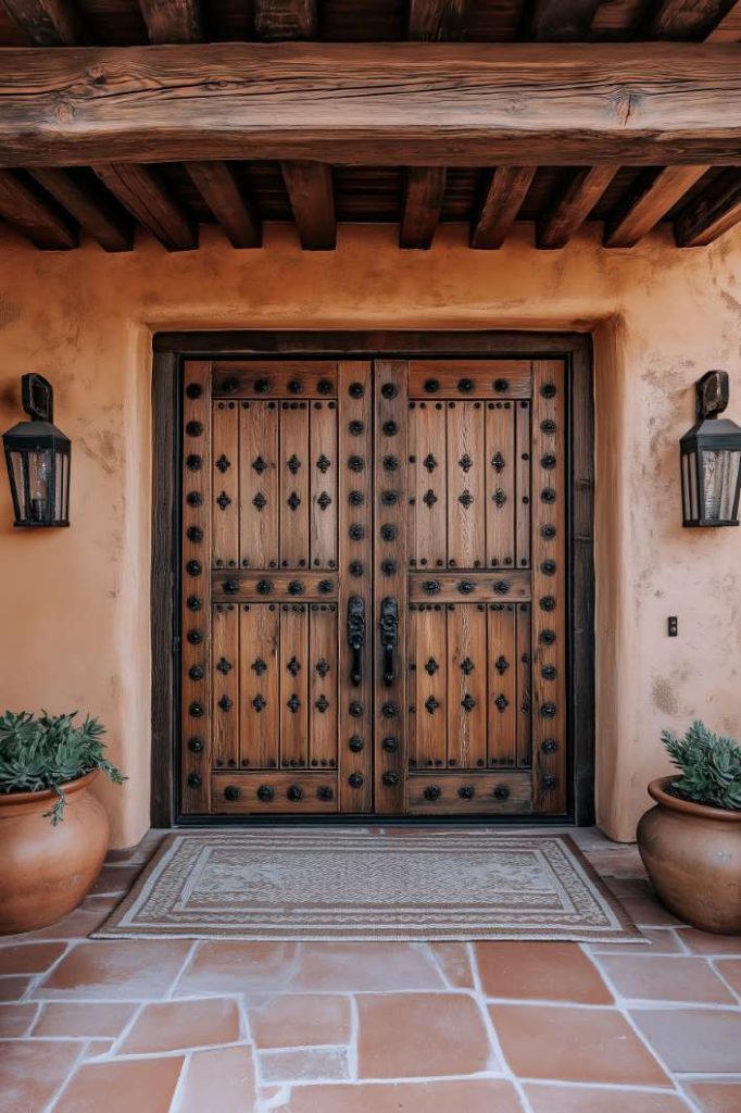 Ornate wooden double doors with black iron accents flanked by wall lanterns and large potted plants in a terracotta tiled entryway.