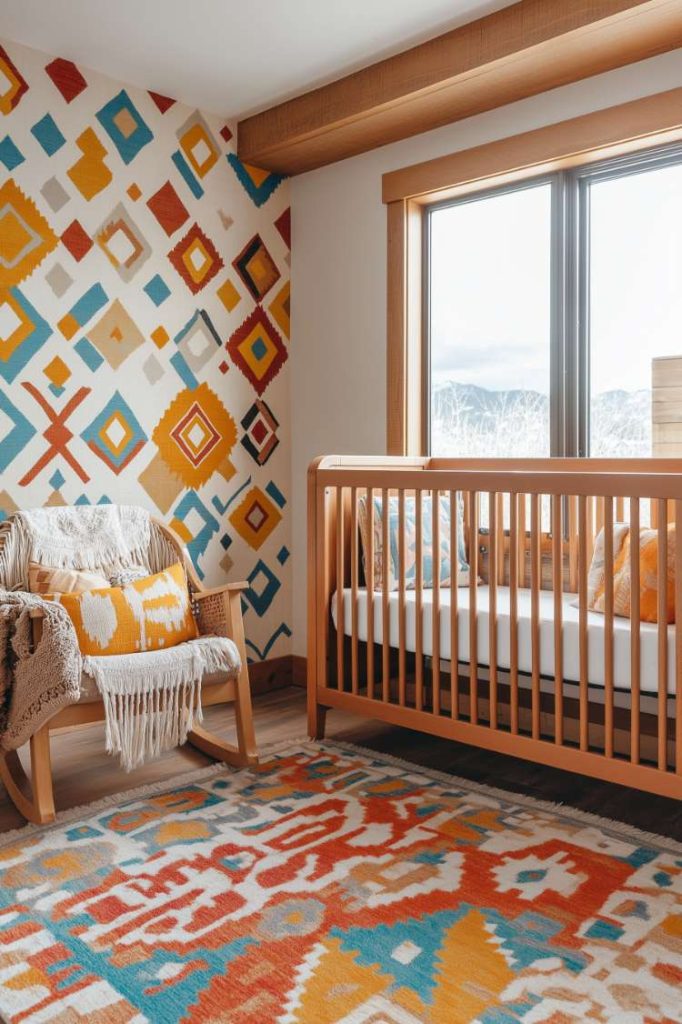 A child's room with a colorful geometric patterned wall, a wooden bed and a rocking chair with a fringed blanket. A window provides natural light.