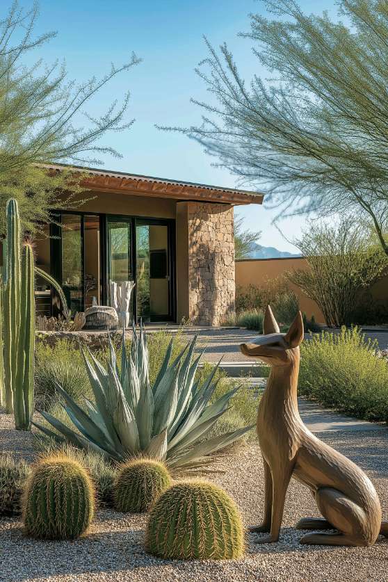 Desert landscape with a modern house in the background. In the foreground are cacti, desert plants and a wooden fox sculpture.