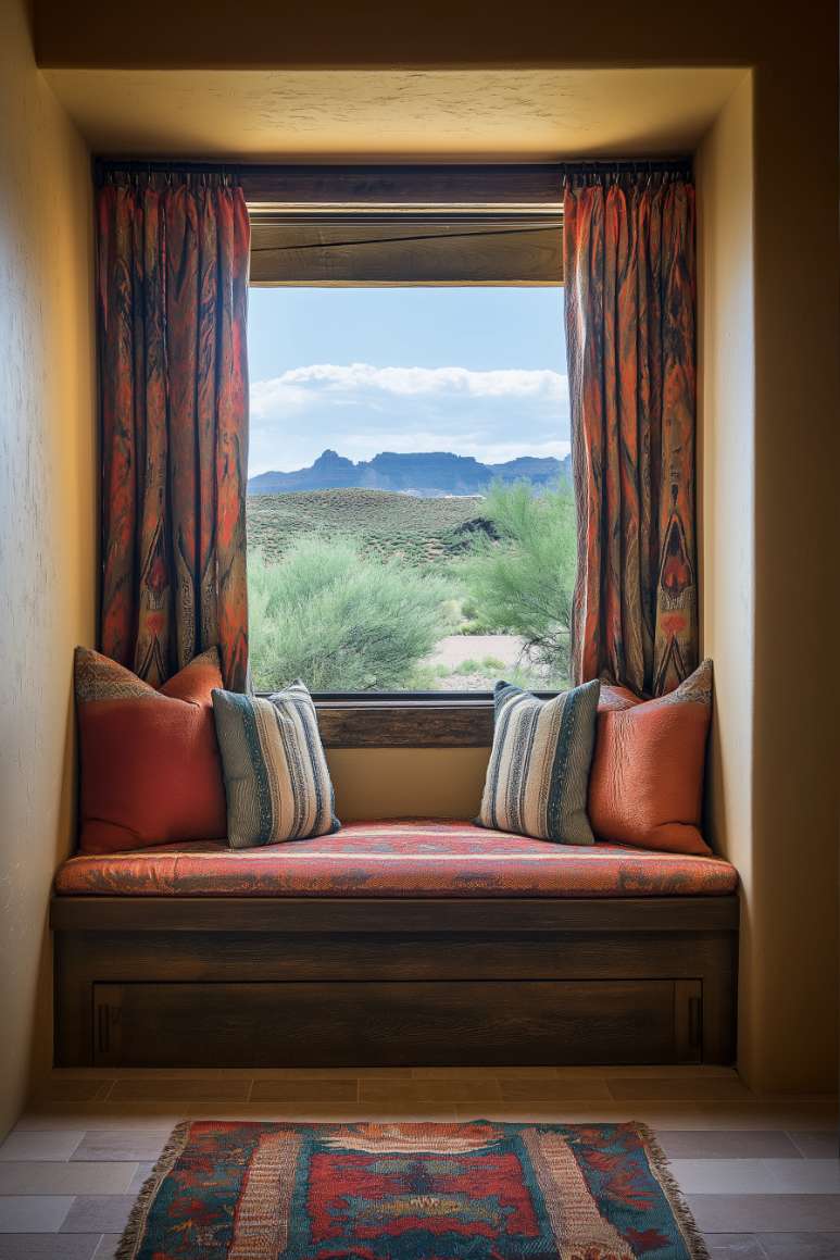 A cozy window nook with orange cushions and patterned pillows overlooks a desert landscape with mountains under a blue sky.