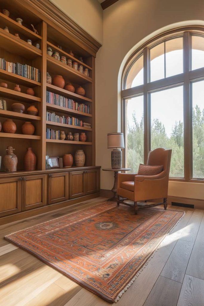 A cozy reading corner with an armchair, a large window, a patterned carpet and wooden shelves full of books and vases.