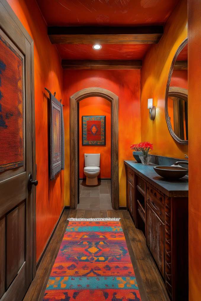 A colorful, narrow bathroom with orange walls, a colorful rug, and a wooden vanity. A round mirror hangs above the sink, with a toilet visible at the back.