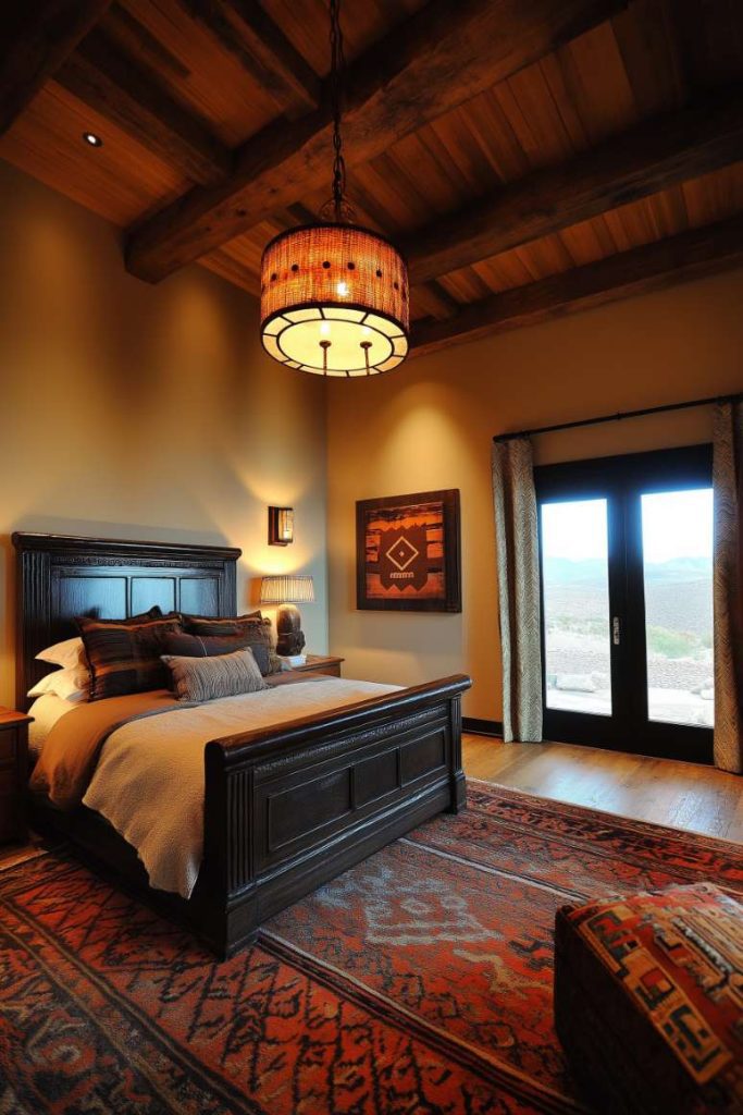 Bedroom with wooden bed frame, patterned carpet and rustic chandelier. A large window provides a view of the outside. Earth tones dominate the furnishings.