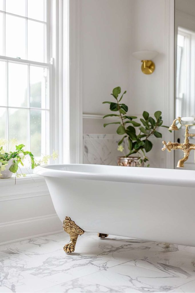 A bright bathroom has a white clawfoot tub with brass fixtures. There are green plants on the windowsill and next to the tub.