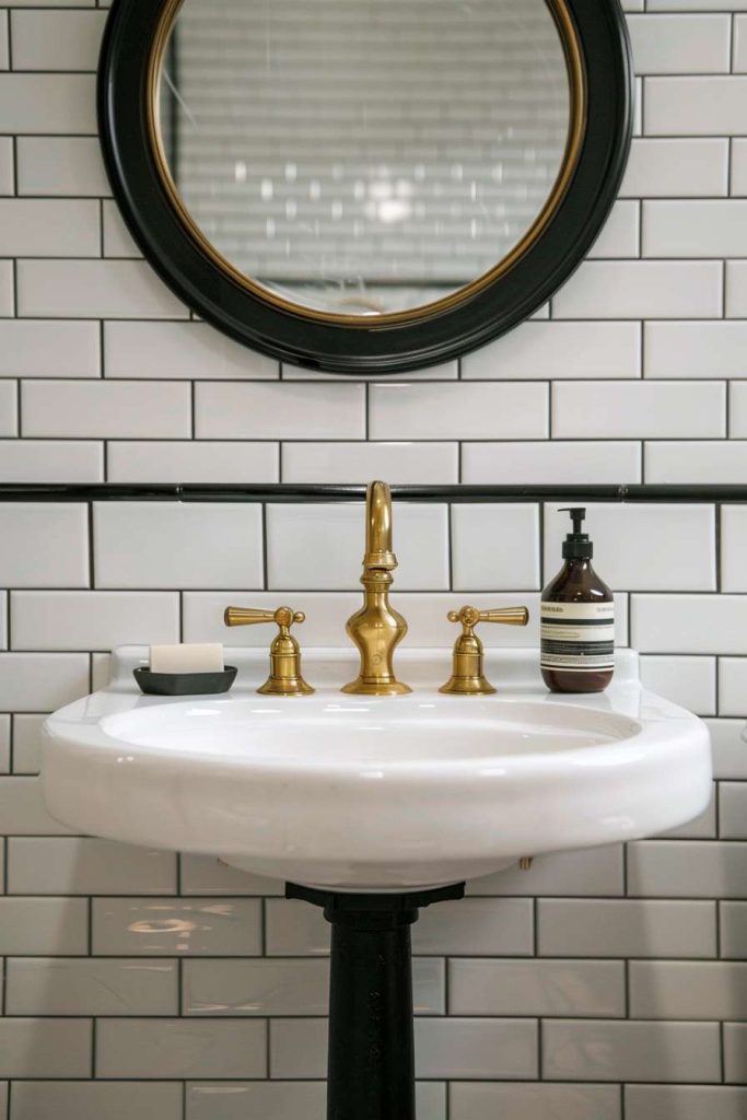 White bathroom sink with gold taps, soap dish and bottle. Round mirror and white subway tile wall in the background.