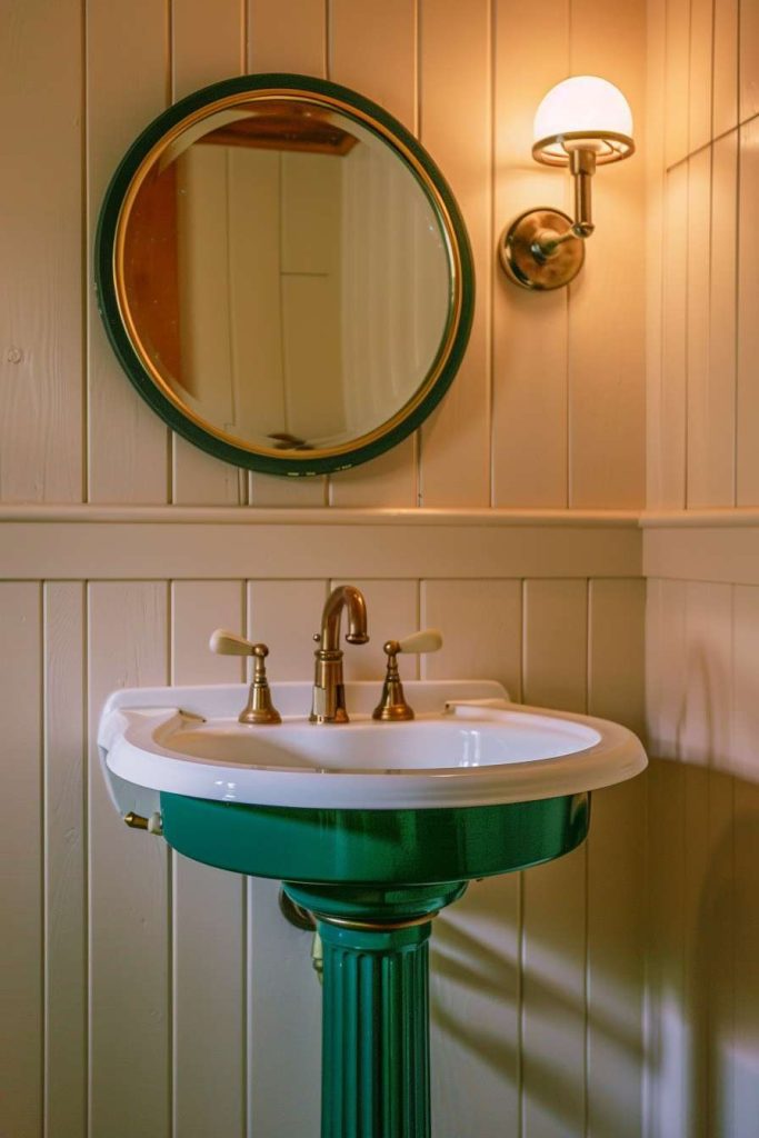 A small bathroom with a green pedestal sink, brass faucet, round mirror and wall lamp in front of paneled walls.