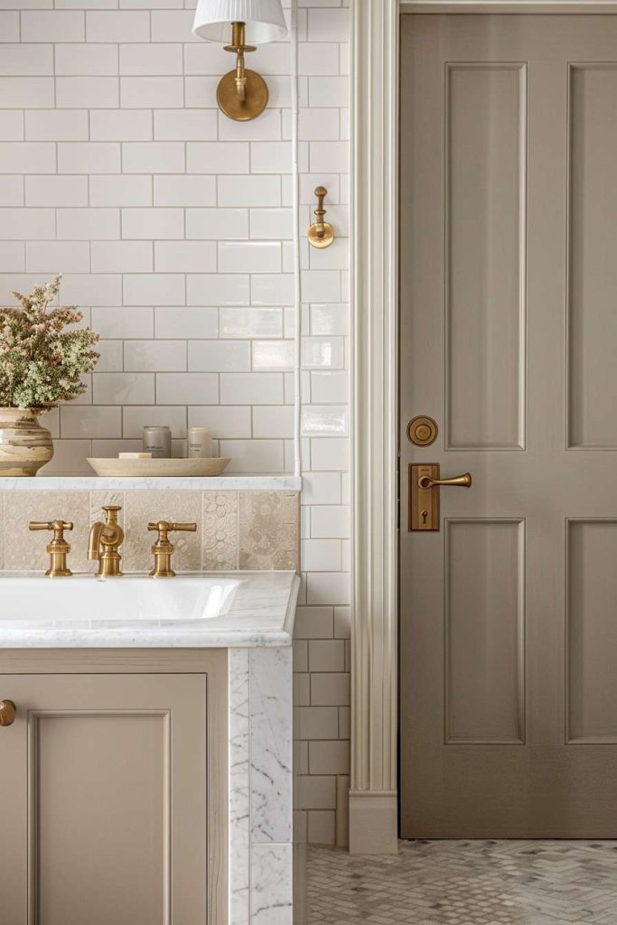 Elegant bathroom with white subway tiles, a marble countertop, brass fixtures, a beige door and a decorative vase of flowers.