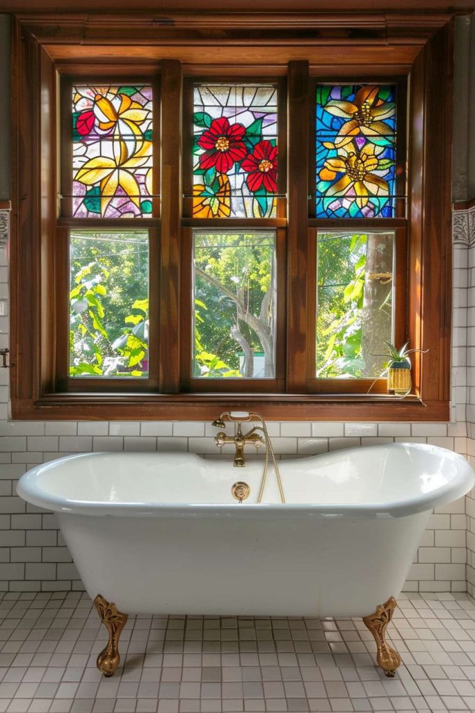 Claw-foot bathtub beneath stained glass windows with floral and leaf patterns in a tiled bathroom.