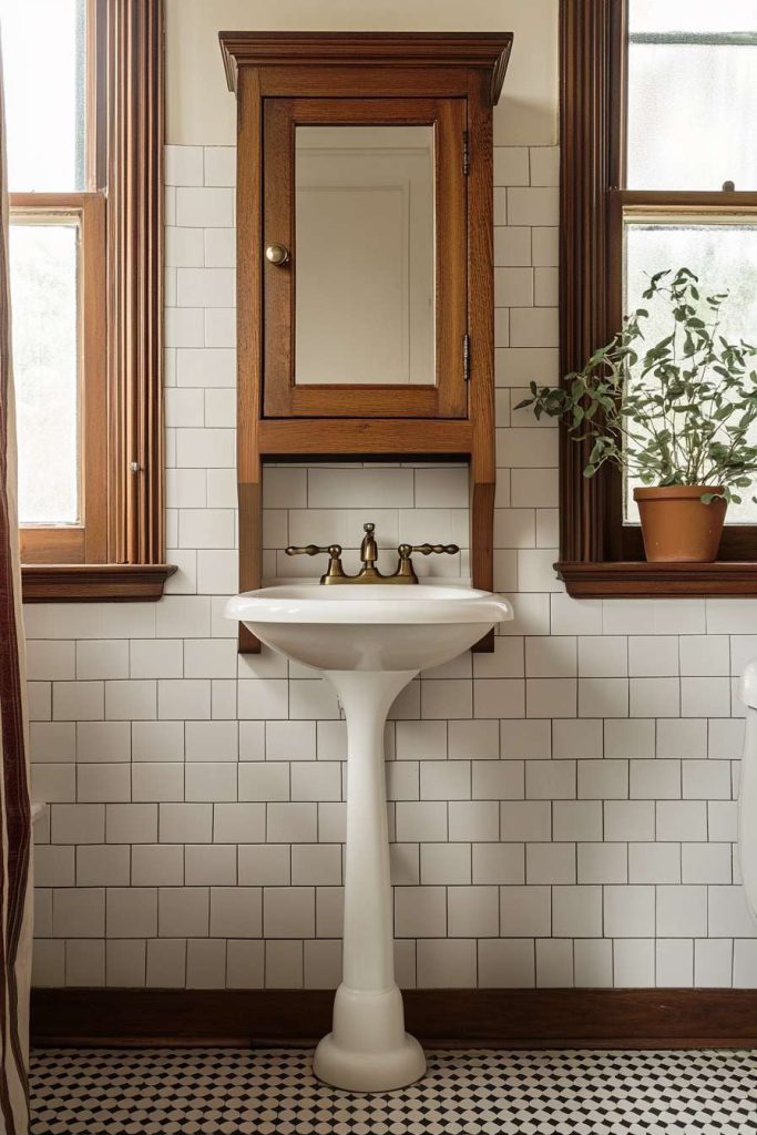 Bathroom with white pedestal sink, wooden cabinet with mirror, white subway tiles and a potted plant on the windowsill.