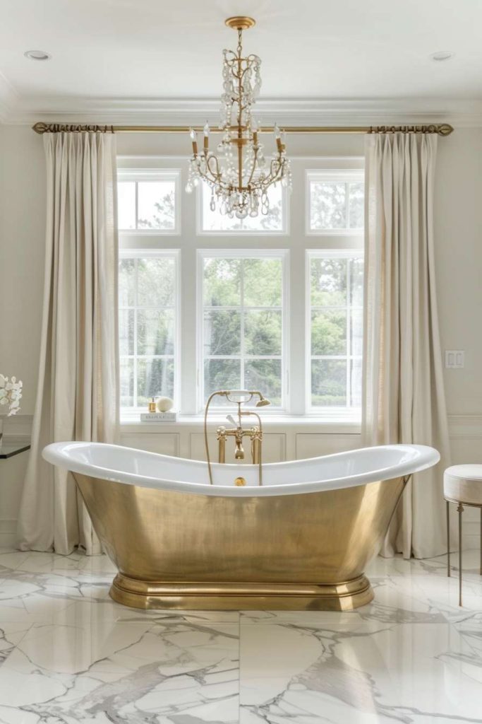 Luxurious bathroom with freestanding bathtub with gold finish, marble floor, large window with cream curtains and a decorative chandelier above.