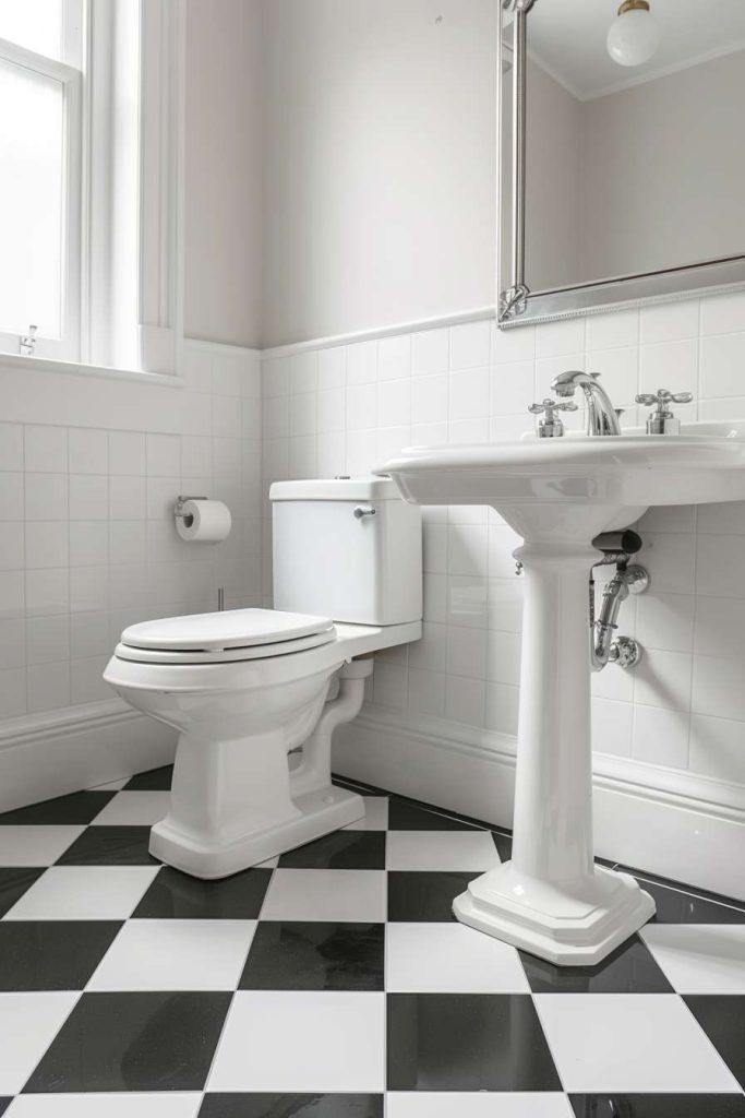 A bathroom with a pedestal sink, toilet and black and white checkered floor tiles. There is a window and a mirror above the sink.