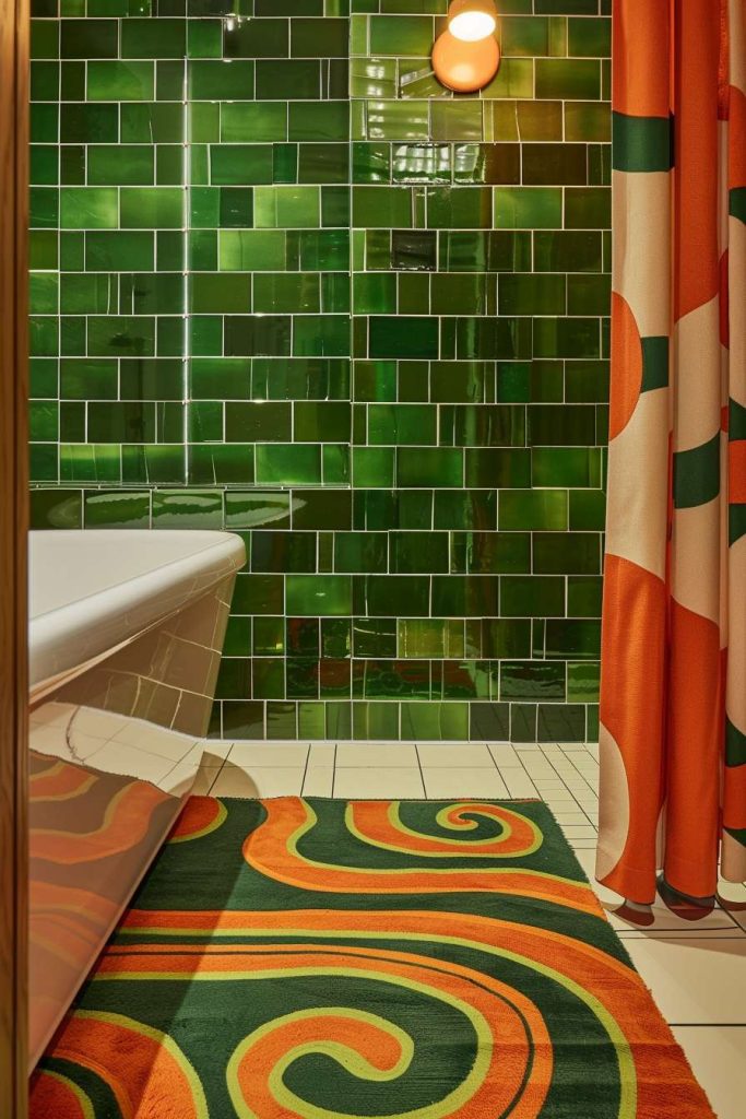 Bathroom with glossy green tile walls, a white bathtub and a colorful swirly rug. A shower curtain with orange and green patterns hangs on the right.