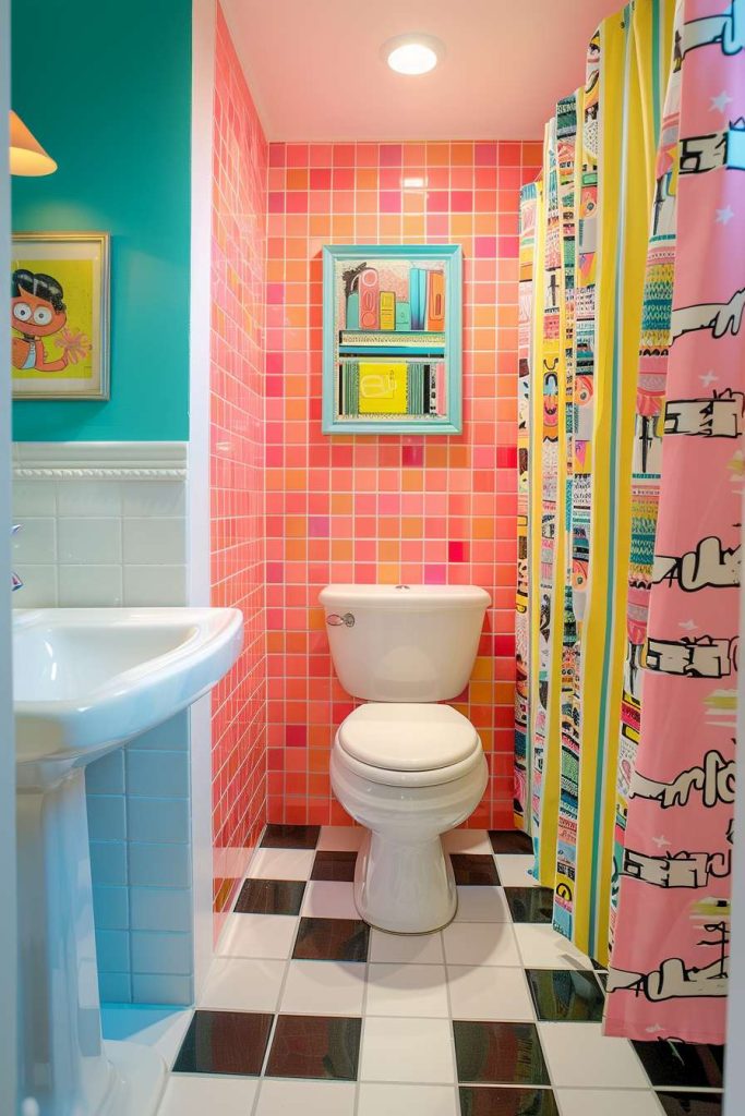 Colorful bathroom with pink and red tiles, a white toilet and a sink. Featured are a colorful shower curtain with patterns and a framed piece of art.