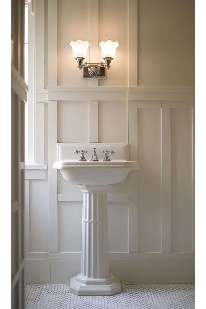 A white pedestal sink with chrome fixtures sits against a paneled wall beneath a double light fixture. The floor is covered with small hexagonal tiles.