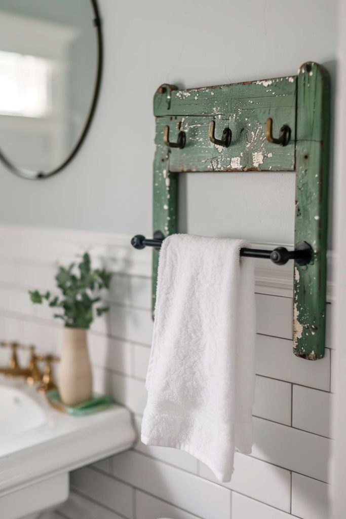 A vintage green shelf with hooks holds a white towel in a tiled bathroom next to a round mirror and a vase of green plants.