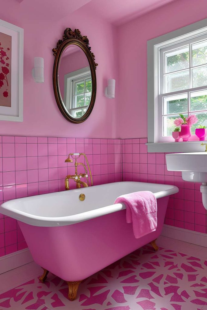 A pink bathroom with a vintage-style bathtub, an ornate mirror, pink tiles and a patterned floor. A window provides natural light.