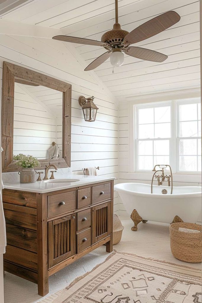 A cozy bathroom with a wooden vanity, large mirror, clawfoot tub, ceiling fan and woven basket. The room features white overlapping walls and a patterned carpet.