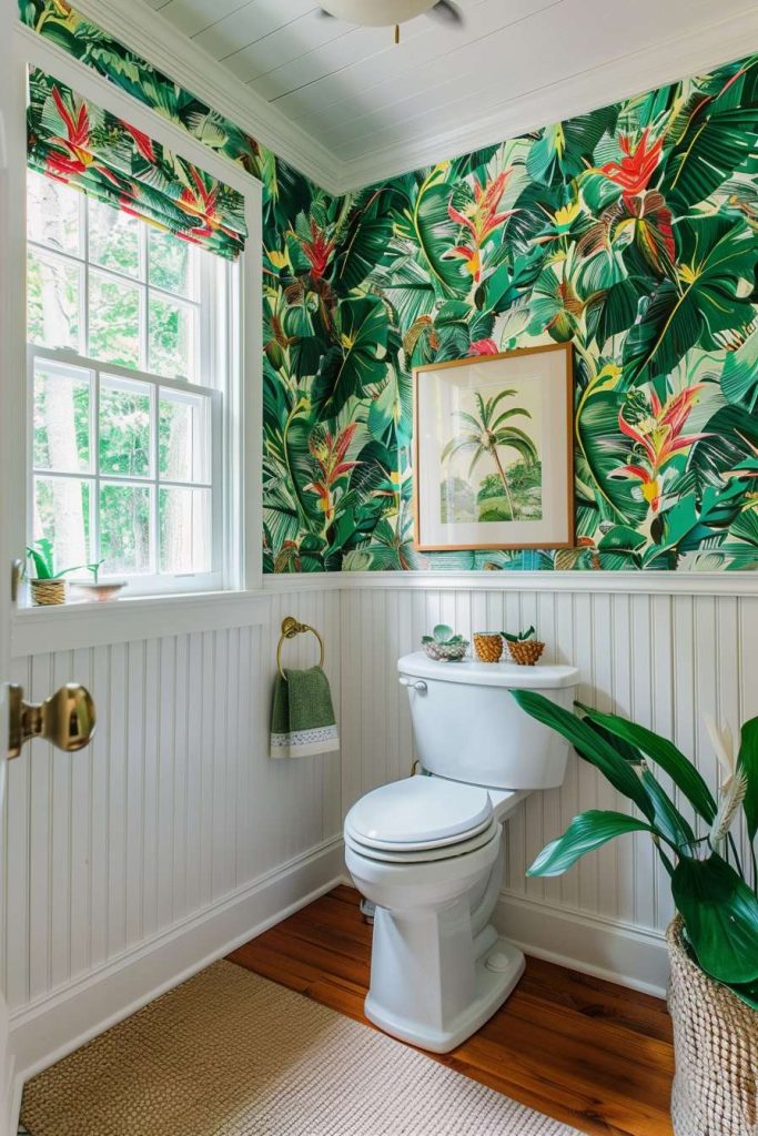 Bathroom with tropical wallpaper, white paneling, a window and a framed picture above the toilet. There are small plants on the toilet cistern and a large plant on the floor.