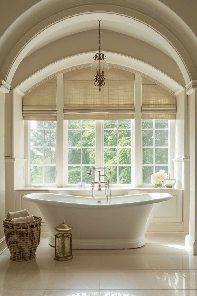 Luxurious bathroom with a freestanding bathtub, large arched window and a basket of towels on the floor.