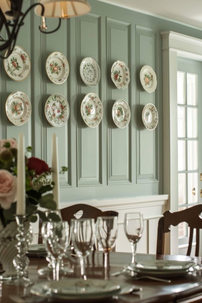 A dining room with a wooden table set for a meal decorated with floral patterned plates mounted on a teal paneled wall.