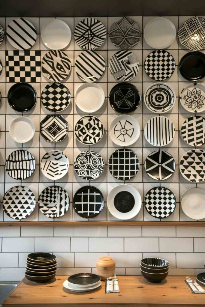 One wall features a grid of black and white patterned plates above a wooden table with stacked plates, bowls and a canister.