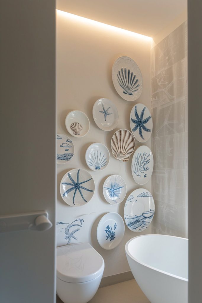 A bathroom with a wall decorated with ceramic tiles in a maritime design. The room has a bathtub and toilet and is softly lit by a strip of light on the ceiling.