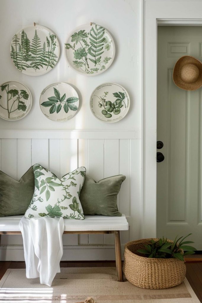 A white bench with green and white cushions with a botanical pattern, a blanket, decorative plates on the wall, a wicker basket with greenery underneath and a green door with a straw hat hanging on it.