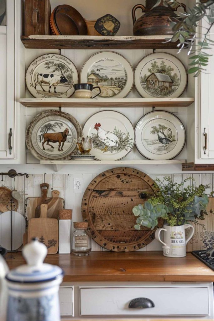 A kitchen display with decorative plates with farm-themed illustrations, wooden cutting boards, a vintage wooden spool and a white vase with green foliage on a wooden counter.