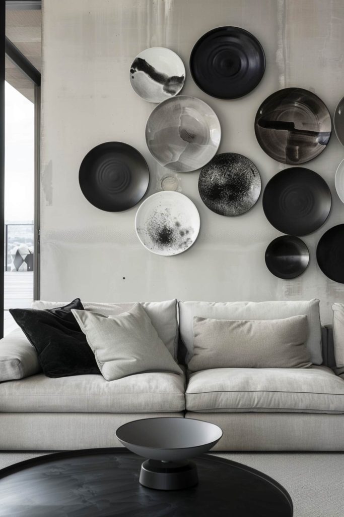 A modern living room with a cream sofa, black and cream cushions, a round black coffee table and wall art consisting of different sized round plates in black, white and metallic tones.