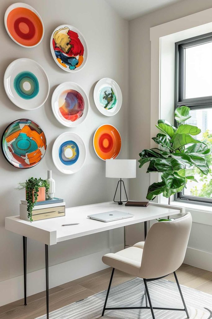 A modern home office with a white desk with a lamp, books and a potted plant. Colorful circular wall art adorns the light gray wall and a large window allows natural light into the room.