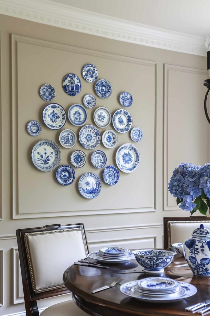 A collection of decorative blue and white plates are arranged in a circular pattern on a beige wall above a dining table with matching blue and white dishes and a bouquet of blue flowers.