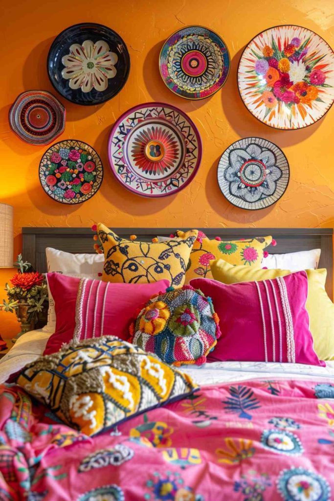 A colorful bedroom features a bed with colorful pillows and a quilt. A row of decorative plates with intricate patterns hang on an orange wall above the bed.