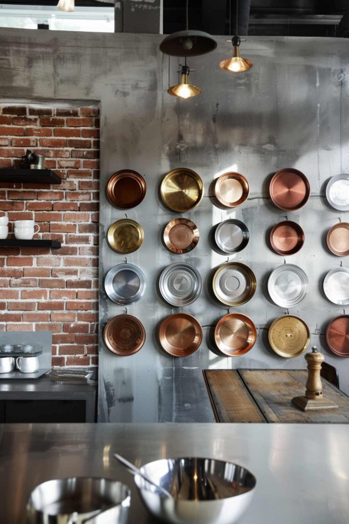 Hanging pots and pans are on display in a kitchen with metal and brick walls. On a worktop in the foreground are kitchen utensils, including a mixing bowl and a pepper mill.