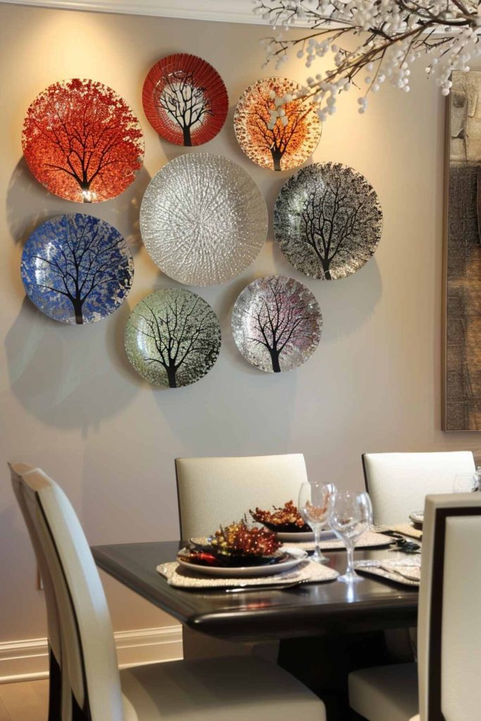 Wall-mounted decorative plates with tree motifs hang above a dining table with plates, glasses and floral centerpieces in a modern dining room.