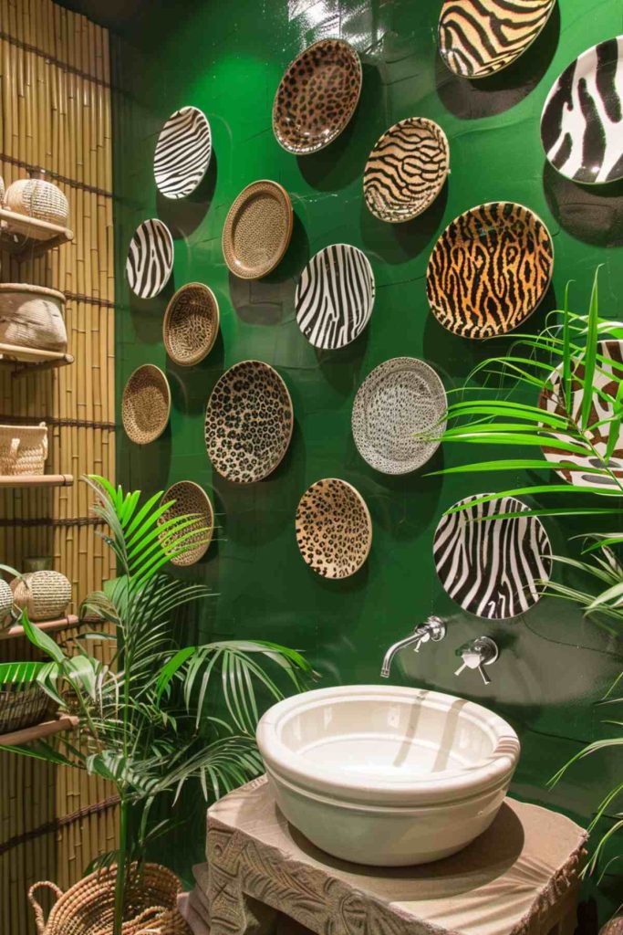 A bathroom with a green wall decorated with various patterned plates reminiscent of animal motifs above a white round sink. There are also several potted plants and wooden shelves.