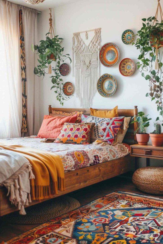 A cozy bedroom with a wooden bed, colorful patterned bed linen, hanging plants, woven wall decoration and colorful round plates on the wall. Natural light penetrates through transparent curtains. A rug provides additional warmth.