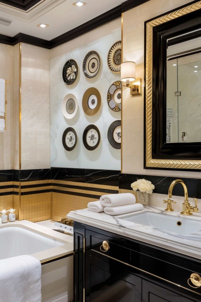 Elegant bathroom with black and gold accents, wall-mounted decorative plates, a marble countertop with folded white towels, gold fixtures, a soaking tub, and a black-framed mirror over the sink.