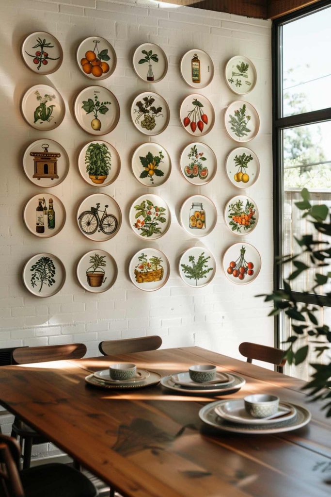 Decorative plates with botanical illustrations hang on the wall, above which is a wooden dining table with four place settings.