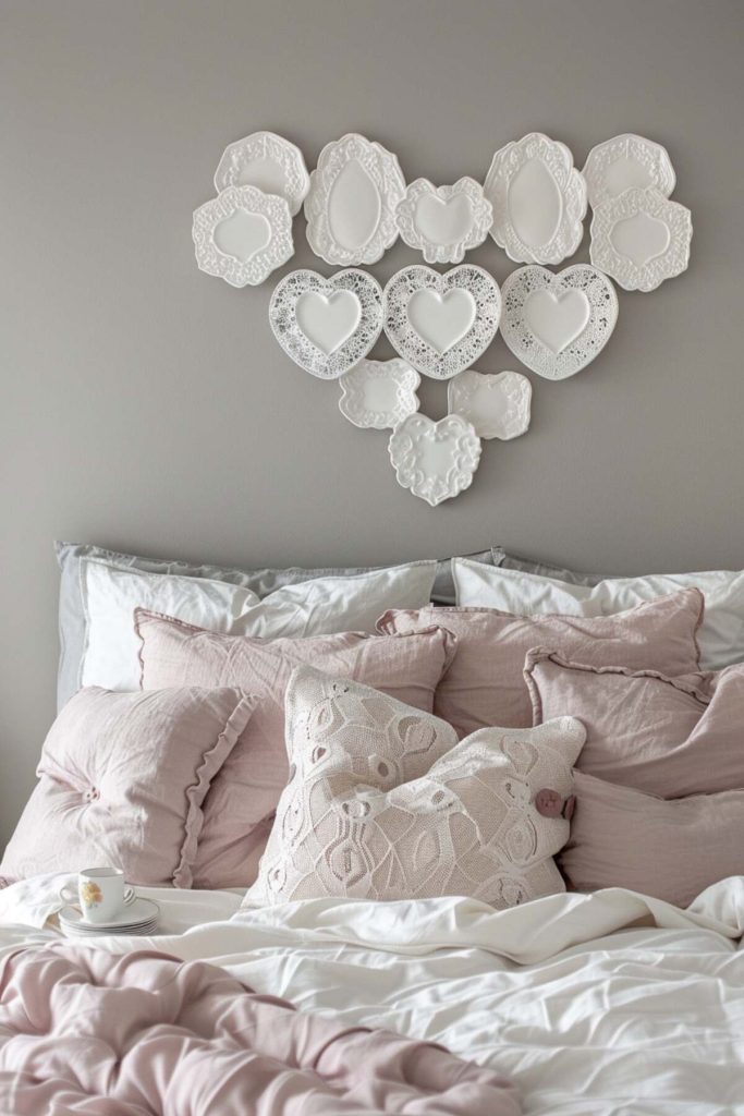 A neatly made bed with light pink pillows and a white blanket. Decorative white plates with heart shapes are arranged on a gray wall above the bed.