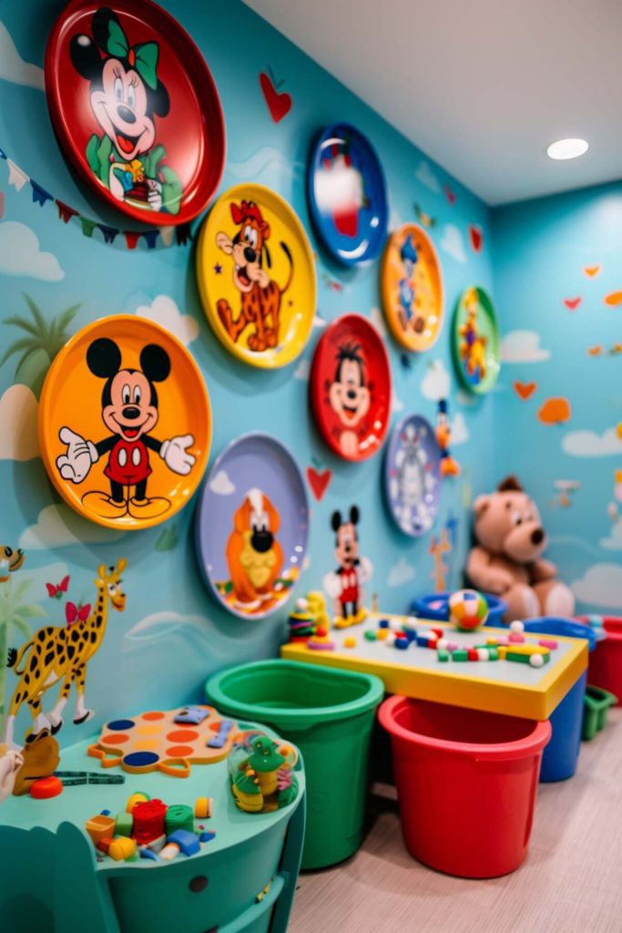 A children's playroom with colorful Mickey Mouse decorations, various toys and a stuffed bear. Circular wall art featuring Disney characters and activity tables are available. Bright and playful environment.