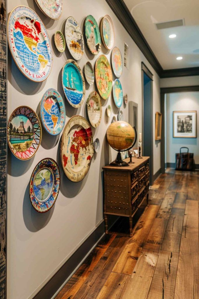 In a hallway, a collection of decorative plates with various maps and sights line a wall, and an antique globe sits on a dresser on the wooden floor.