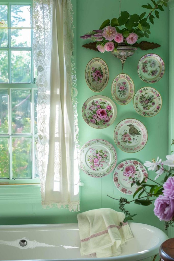 A pastel green bathroom with a lace curtain, a bathtub and a wall decoration with decorative flower plates. There is a towel hanging on the edge of the tub and a bouquet of pink flowers next to it.