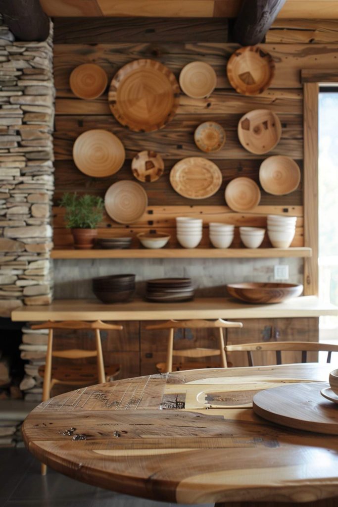 Rustic kitchen with stone wall, wooden counter, round wooden dining table and wooden wall decoration including plates and bowls. There are two wooden stools under the counter.