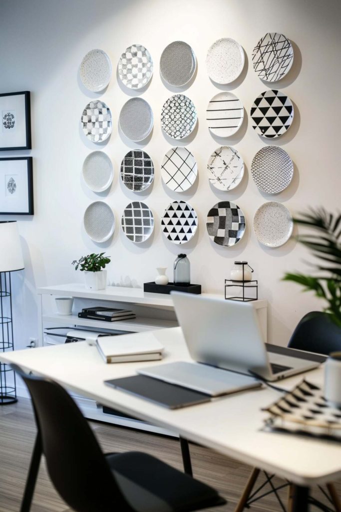 A modern office space with a white desk, a laptop and decorative plates with black and white geometric patterns on a light wall.